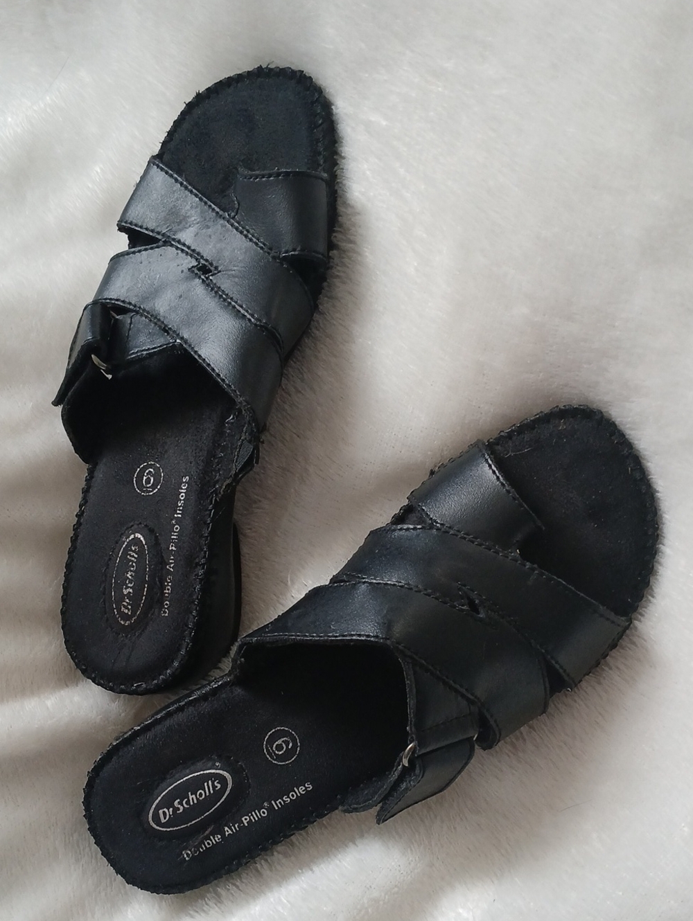 Dr. Scholl's Black Leather Cross-Strap Slide Sandals
